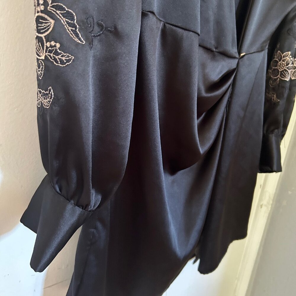 Zara Satin Effect Wrap Dress with Embroidered Sleeves - Medium